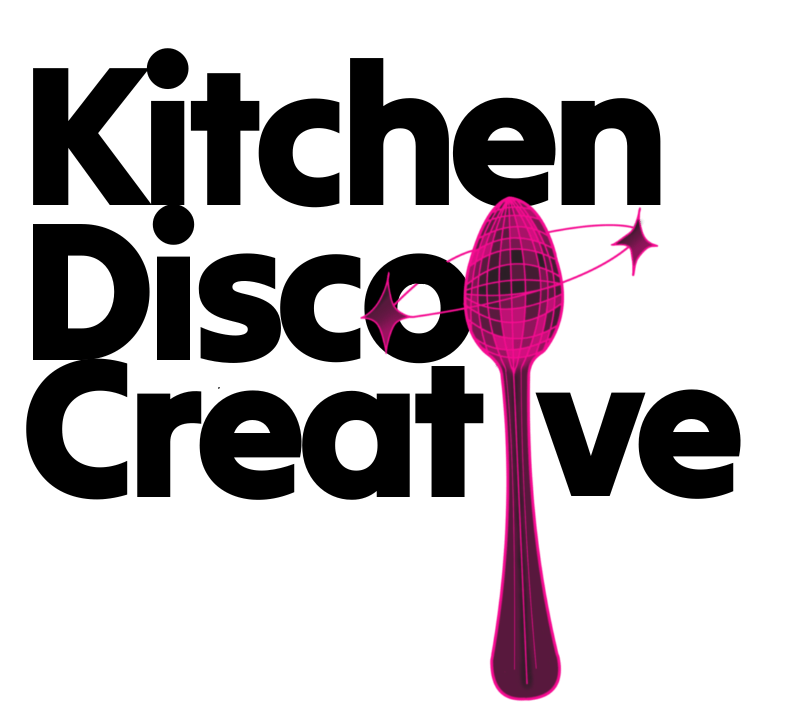Kitchen Disco Creative Logo. The words Kitchen Disco Creative are clear, a spoon with a disco ball at the end is clearly seen